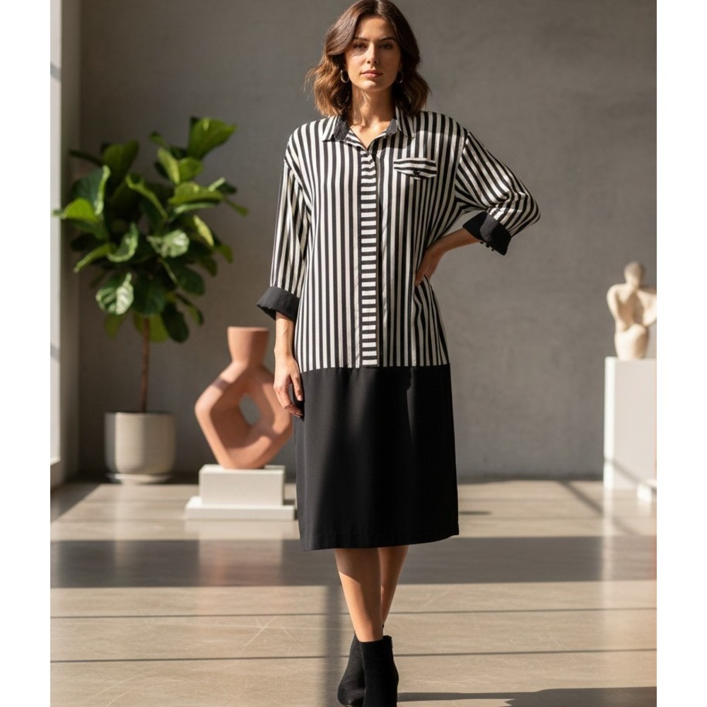 Vintage 80s JOHN ROBERTS 11/12 Black‎ Ivory Striped Midi Long Sleeve Shirt Dress